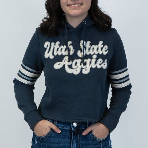 Navy, Utah State, Aggies, Striped, Hoodie, Cropped